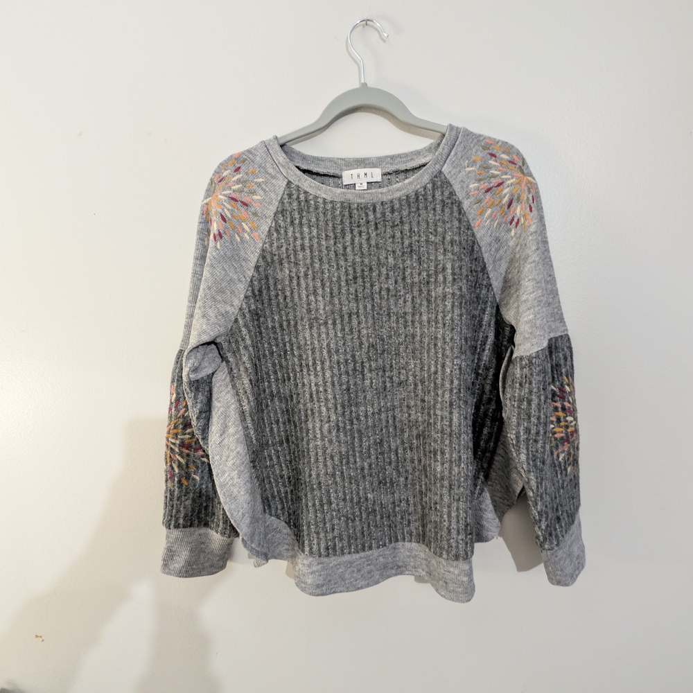 Women's Vtg THML Heather Gray Sweater with Multicolor Embroidery